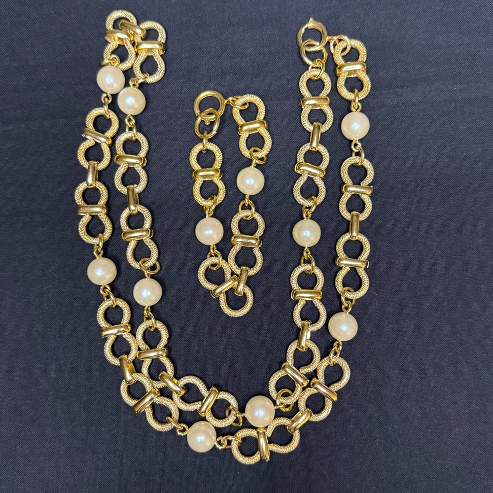Gold Tone Chunky Link & Pearl Necklace/Bracelet
